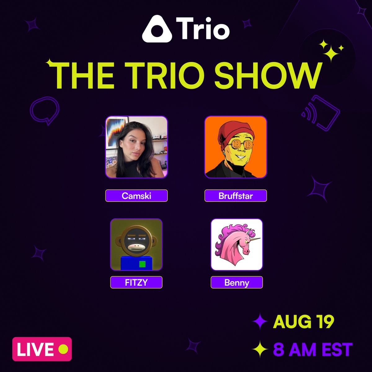 ✨ THE TRIO SHOW ✨

Let’s talk about Trac network and Bitcoin DeFi!

Join <a href="/camski/"></a> &amp; <a href="/bruffstar/">Bruffstar</a> on spaces TOMORROW @ 8 AM EST

Guest speakers: <a href="/fitzyOG/">FITZY</a> and <a href="/rarity_garden/">Benny</a>