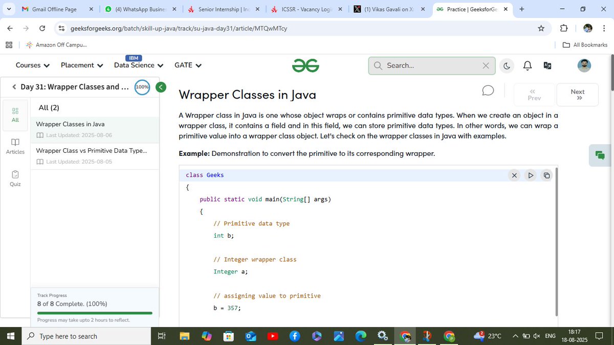 vikasgavali331's tweet image. ✅ Day 31: Wrapper Classes & Autoboxing in Java
🧩 Explored wrapper classes that convert primitives → objects
🔗 Understood autoboxing & unboxing in action
🔗 geeksforgeeks.org/batch/skill-up…
#Java #WrapperClasses #100DaysOfCode #SkillUpWithGFG #NationSkillUp
@geeksforgeeks