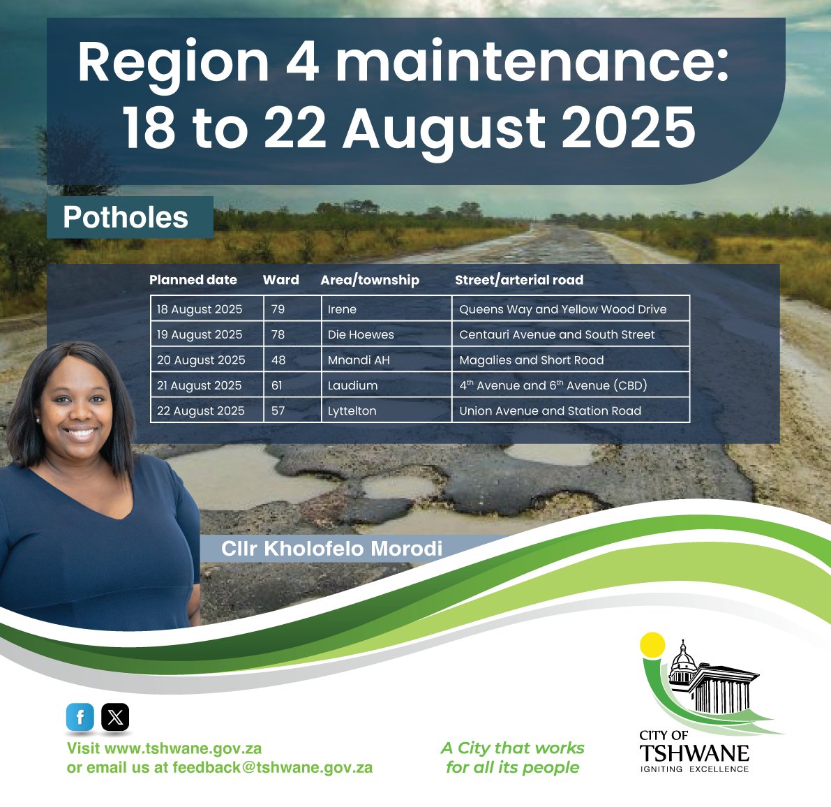 kholofeloMorodi's tweet image. Region 4 Pothole Repairs Alert!

This week, road teams will be repairing potholes in key areas across Tshwane.

Safer driving 
Reduced accidents
Improved road quality
@CityTshwane

📍 Check the full schedule below ⬇️
#TshwaneServiceDelivery #Region4