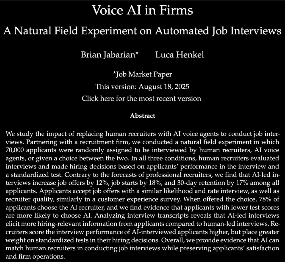 1/ In my job market paper (with <a href="/Henkel_JLuca/">Luca Henkel</a>) in partnership with PSG Global Solutions, <a href="/Teleperformance/">TP</a> subsidiary, we tested AI-led interviews with 70,000 applicants.