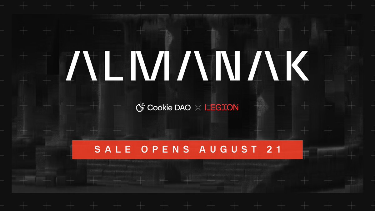 legiondotcc's tweet photo. The @almanak sale opens August 21 at 1pm UTC.

This isn’t just any presale. It’s the first ever under the Attention Capital Markets framework, powered by @cookiedotfun and hosted on Legion. https://t.co/j7dzAIJ00H