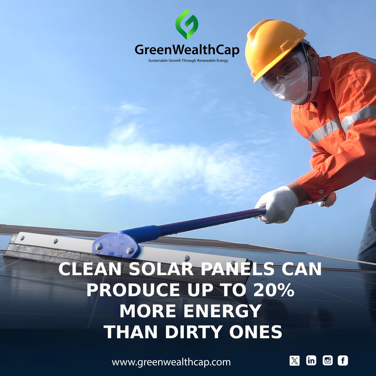 GreenWealthCap's tweet photo. ⚡️💡 Did you know keeping your solar panels clean can boost efficiency by up to 20%?
That’s more power for your home or business — and more savings in your pocket. 🌱
Investing in renewable energy is smart. Maintaining it is smarter.
#GreenWealthCap #RenewableFacts #SolarEnergy https://t.co/K5SW3ghPuI