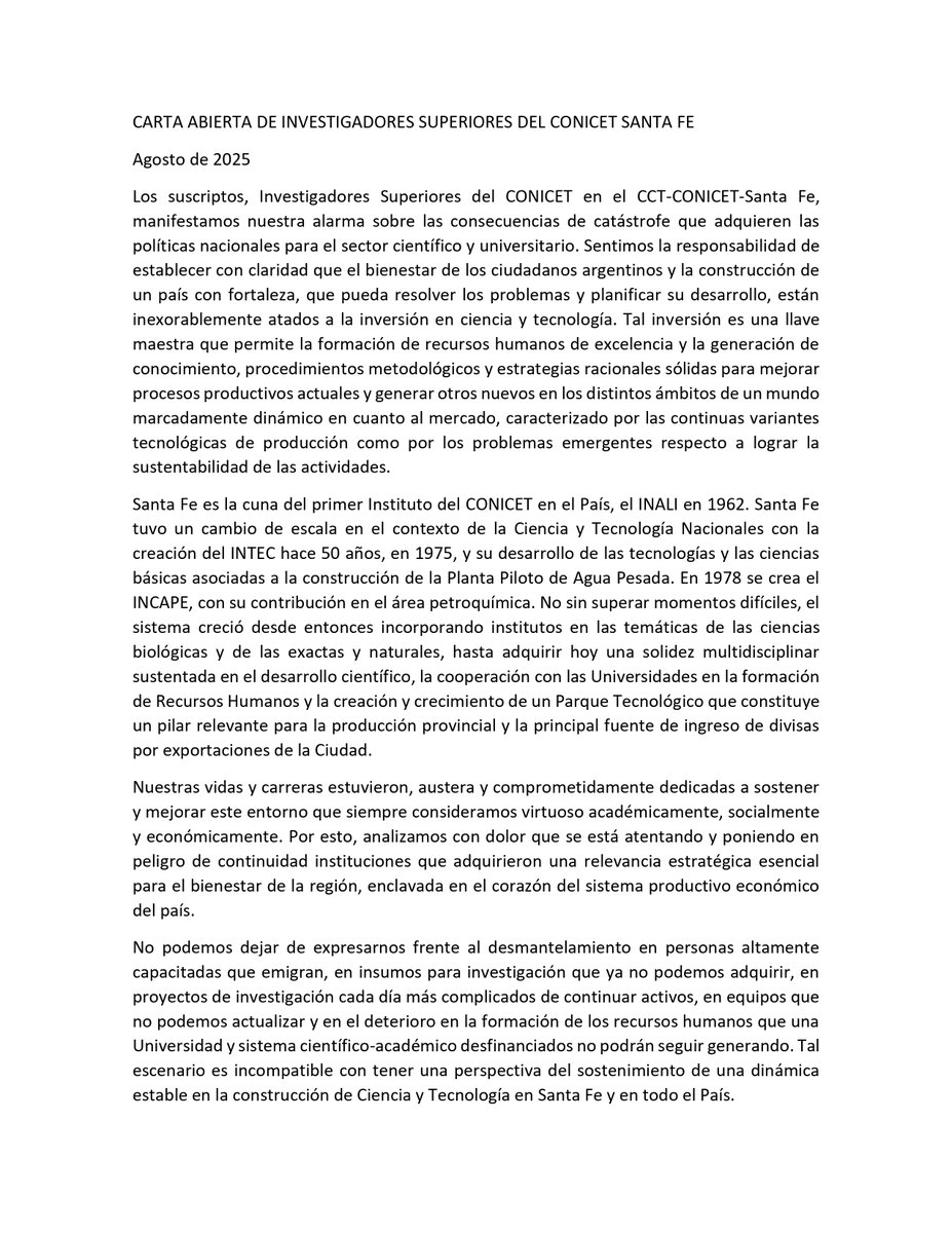 LABRA_IMAL's tweet image. Carta abierta de Investigadores Superiores del CONICET Santa Fe
