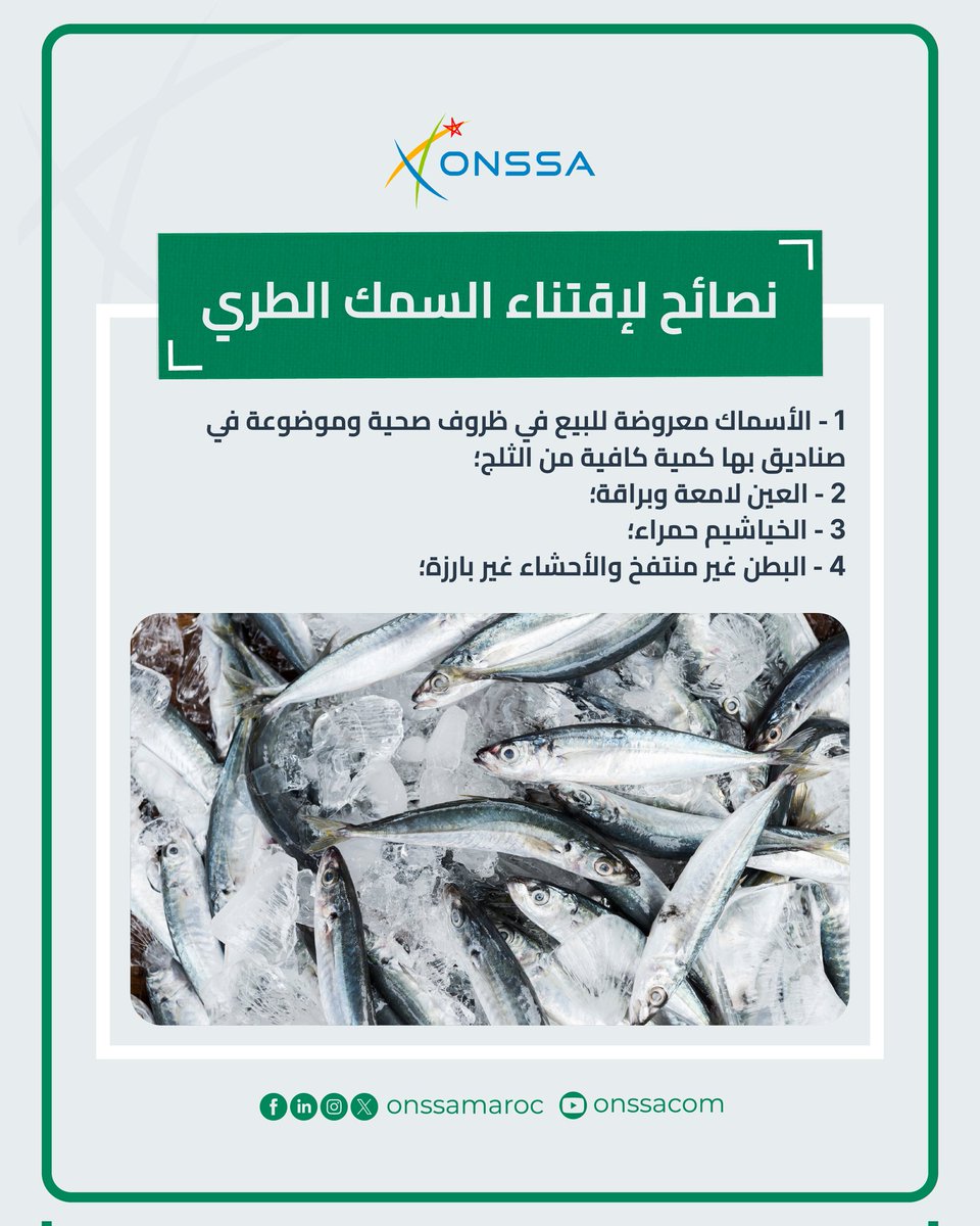 هذه بعض النصائح الصحية لاقتناء السمك الطري 👇

#ONSSA #MAROC #CONSEILS #POISSONS