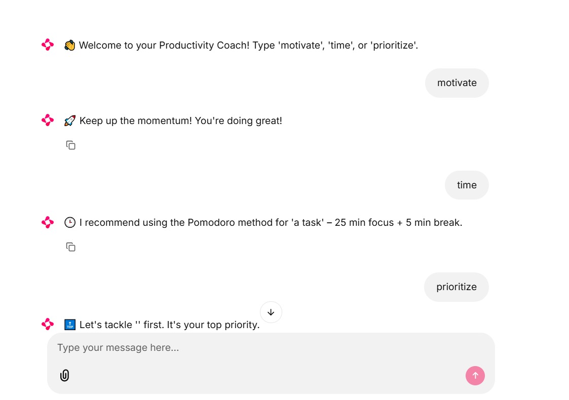 AbdulBas77's tweet photo. 🚀Just built a Productivity Coach using Python &amp; Chainlit

It helps you:
💪 stay motivated
 ⏰ Manage you time effectively
📋 Prioritize your tasks smartly

Built with simple NLP &amp; modular design. Perfect for learning &amp; prototyping! 

#pythonlearning #Automation
#Ai #ChatGPT https://t.co/egV4UZSOpi