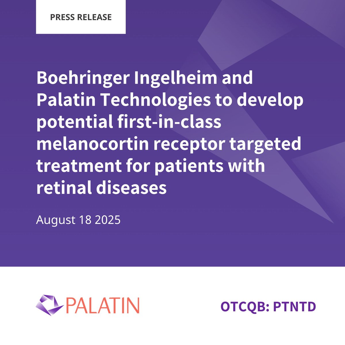 Boehringer Ingelheim and Palatin Technologies to develop potential first-in-class melanocortin receptor targeted treatment for patients with retinal diseases 

Read the Full Press Release 👉 palatin.com/press_releases…

#PTN #PTNT #NYSE #OTCQB #News