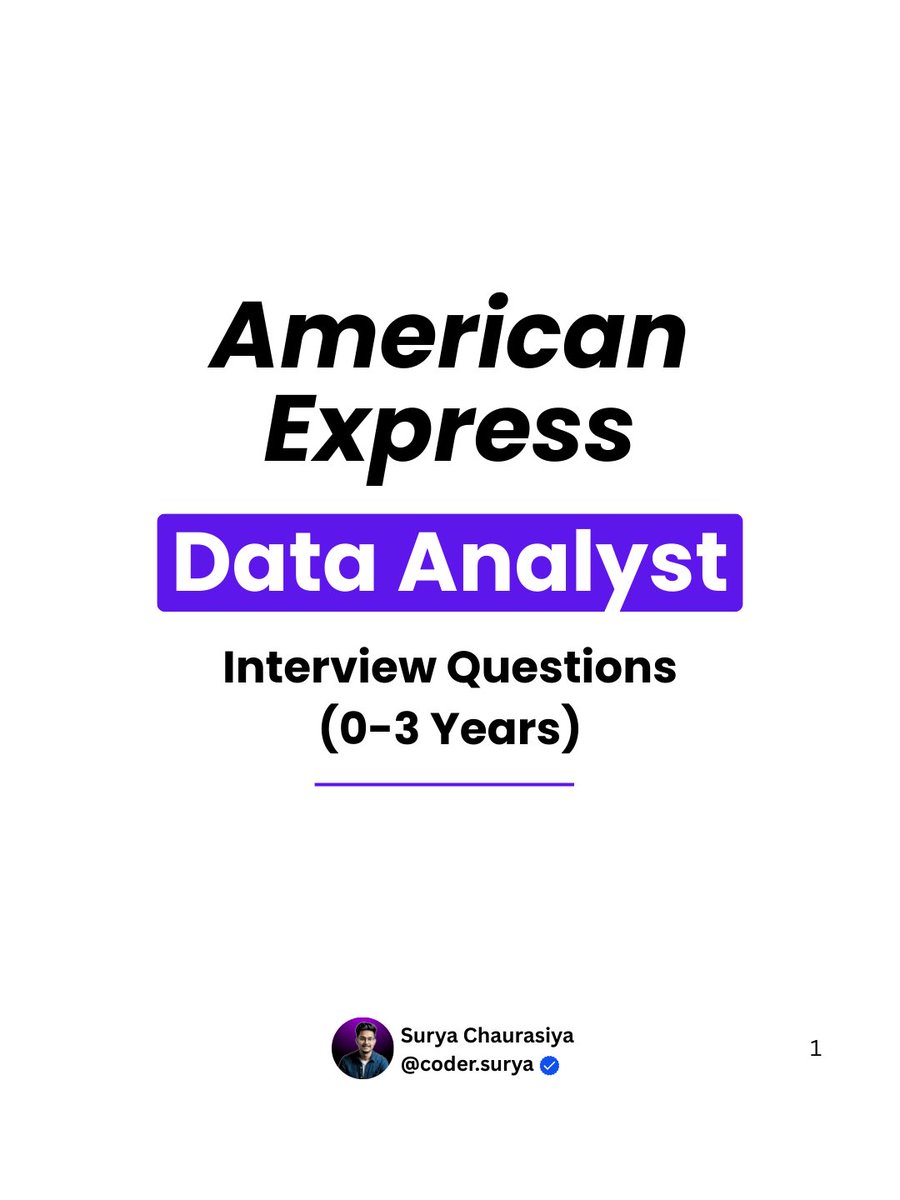 coder_surya's tweet image. 🚀 Preparing for a Data Analyst role at @AmericanExpress ?

I’ve compiled the Top Interview Questions (0–3 Yrs Exp.) that can help you crack it! 💼📊

👇 Comment “AE” &amp;amp; I’ll DM you the PDF.

#AmericanExpress #DataAnalyst #InterviewQuestions #FreshersJobs #CareerKickstart
