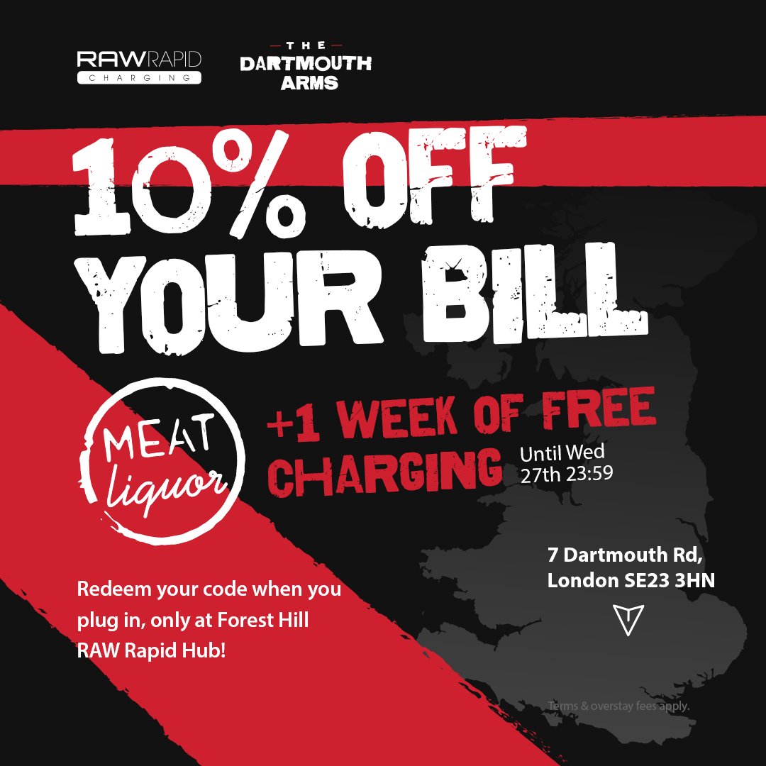 RAW Charging (@rawcharging) on Twitter photo South London’s Newest Rapid Hub Launching This Wednesday! ⚡
We’ve also joined forces with <a href="/MEATLiquor/">MEATliquor</a> to bring you exclusive discounts and free drinks while you power up at Forest Hill’s Rapid Hub 🍔⚡
And of course, we’re giving drivers FREE rapid charging for one whole week, South London’s Newest Rapid Hub Launching This Wednesday! ⚡
We’ve also joined forces with <a href="/MEATLiquor/">MEATliquor</a> to bring you exclusive discounts and free drinks while you power up at Forest Hill’s Rapid Hub 🍔⚡
And of course, we’re giving drivers FREE rapid charging for one whole week,