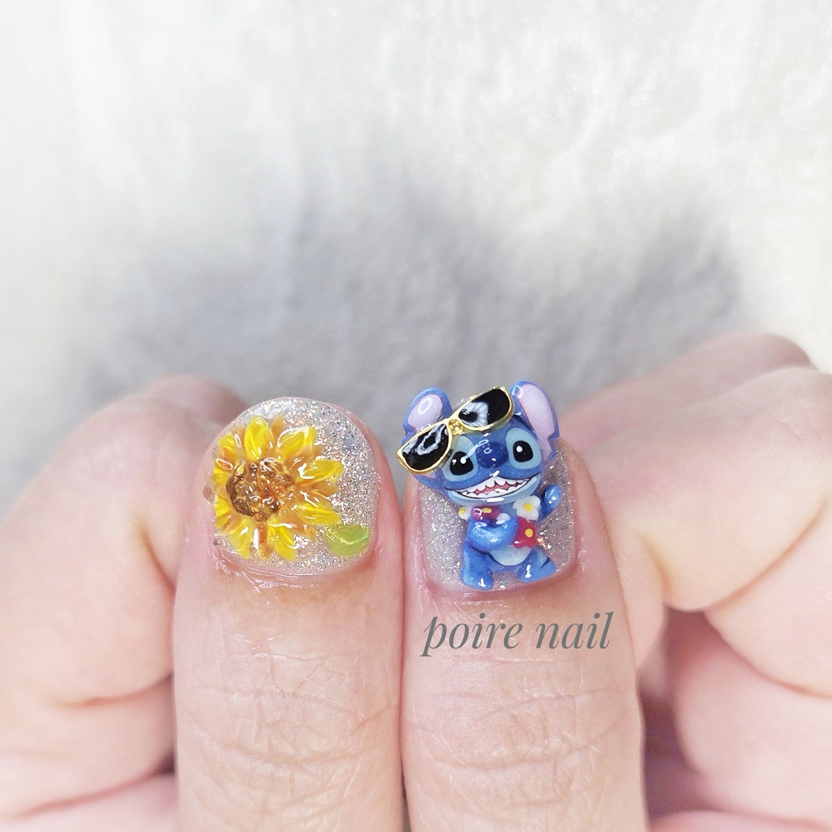 tomomi_nails's tweet photo. サングラスつけた夏っぽいスティッチの3Dお任せとの事で2種類作成✨

当日やっぱり2個つける！と両方可愛い引き取ってくださり嬉しい❣️

ありがとうございました❤ https://t.co/VaHF45ojwR