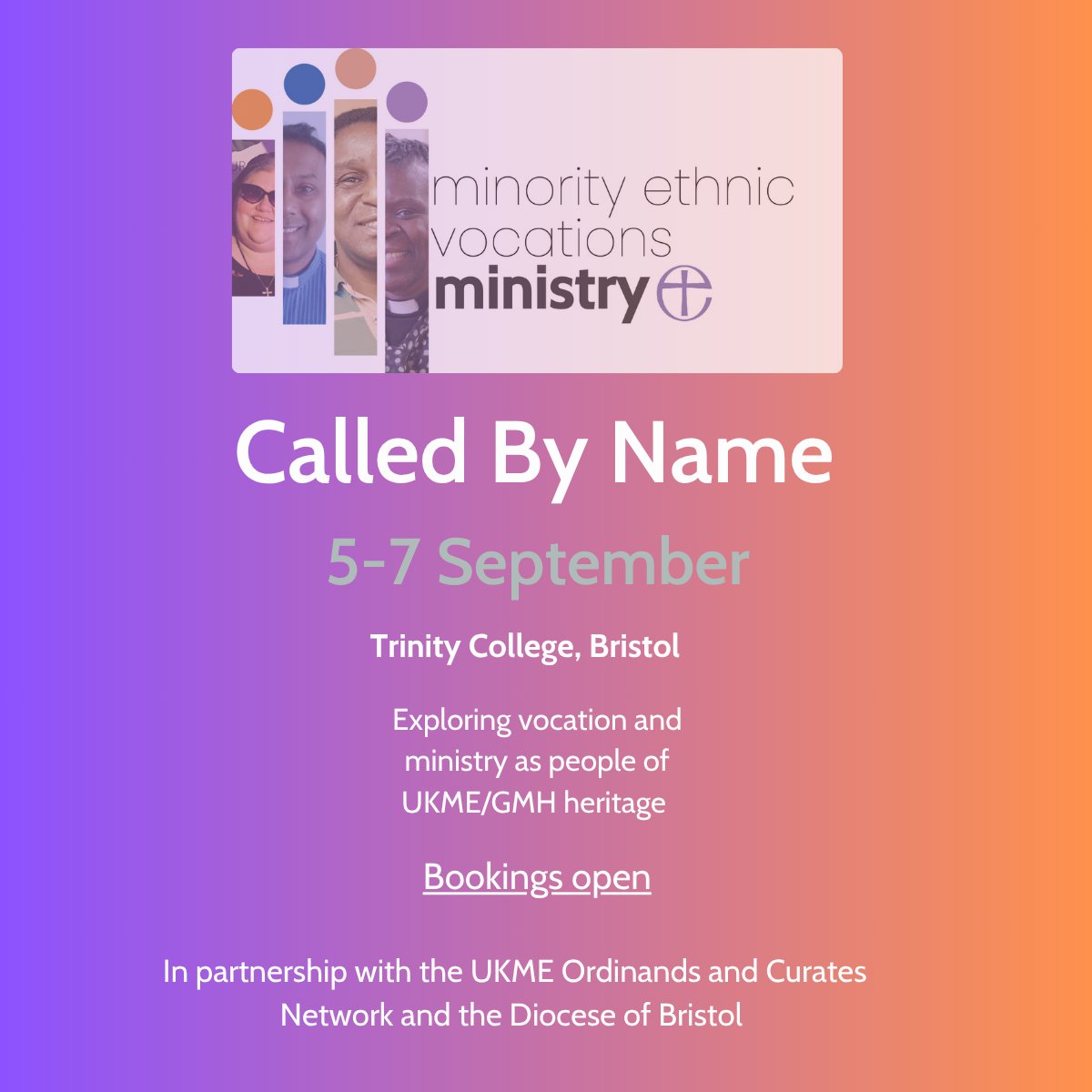 Reservations for our next on-site gathering will be closing soon!

📍 Trinity College, Bristol
🗓️ 5–7 September

✨ Open to ALL UKME/GMH ordinands, curates, and those discerning.

Don’t miss out — secure your spot today!
🔗 More info &amp; tickets: eventbrite.co.uk/e/called-by-na…