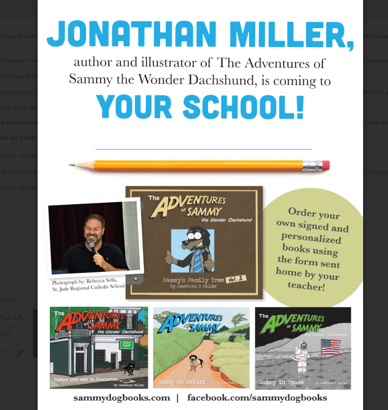 Jonathan Miller returns to Oak Grove to share his Sammy books to KDG-3rd grade! He will visit Monday, August 25th.  

Consider ordering a book to support his visit! Details coming home in print form to KDG-3rd grade students!  

blum.kenneth@fcboe.org