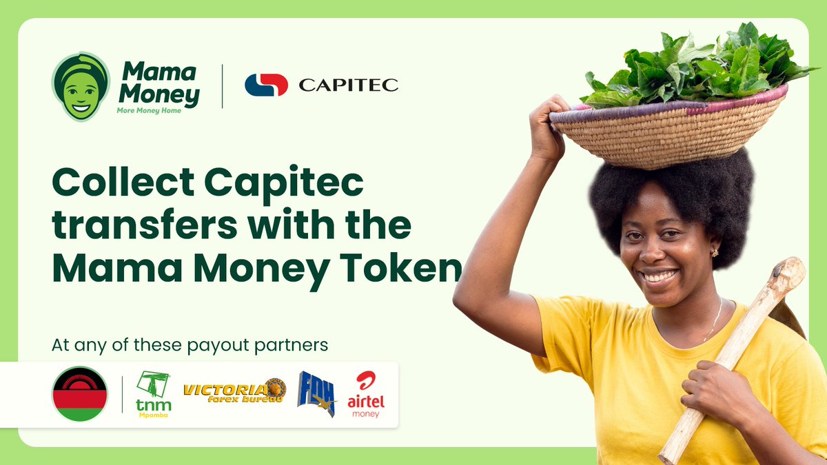 ✨ Send with Capitec, Collect with Mama Money ✨

Now, when you send money with Capitec, your loved ones can collect their transfers using a Mama Money Token at any payout partner in Malawi 

✔️ TNM Mpamba
✔️ Victoria Forex Bureau
✔️ FDH Bank
✔️ Airtel Money