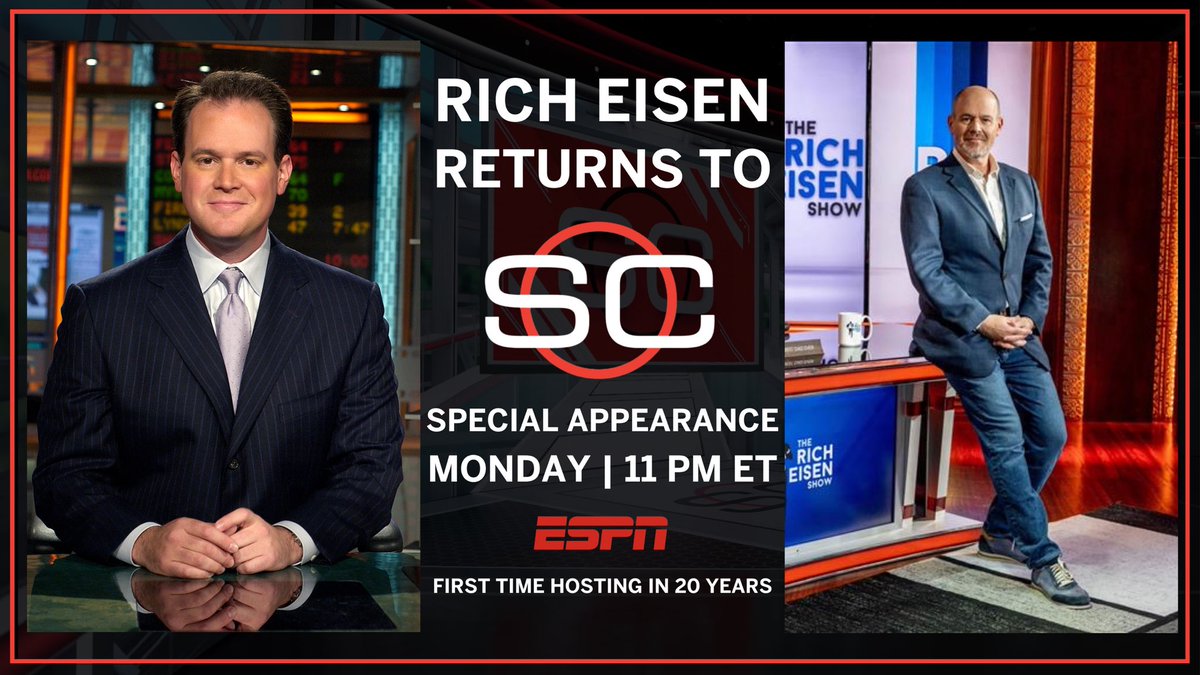 ESPN PR (@espnpr) on Twitter photo Tonight, for the first time in over 20 years, <a href="/richeisen/">Rich Eisen</a> will anchor <a href="/SportsCenter/">SportsCenter</a>
📺 11p ET | ESPN
More: bit.ly/4mlBLKH Tonight, for the first time in over 20 years, <a href="/richeisen/">Rich Eisen</a> will anchor <a href="/SportsCenter/">SportsCenter</a>
📺 11p ET | ESPN
More: bit.ly/4mlBLKH