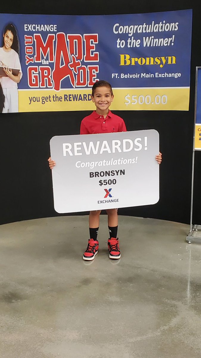 Congratulations to Fort Belvoir rising third grader Bronsyn Dungey, 8, who turned his first entry in the Exchange’s You Made the Grade sweepstakes into a prize-winning moment, scoring a $500 gift card!
