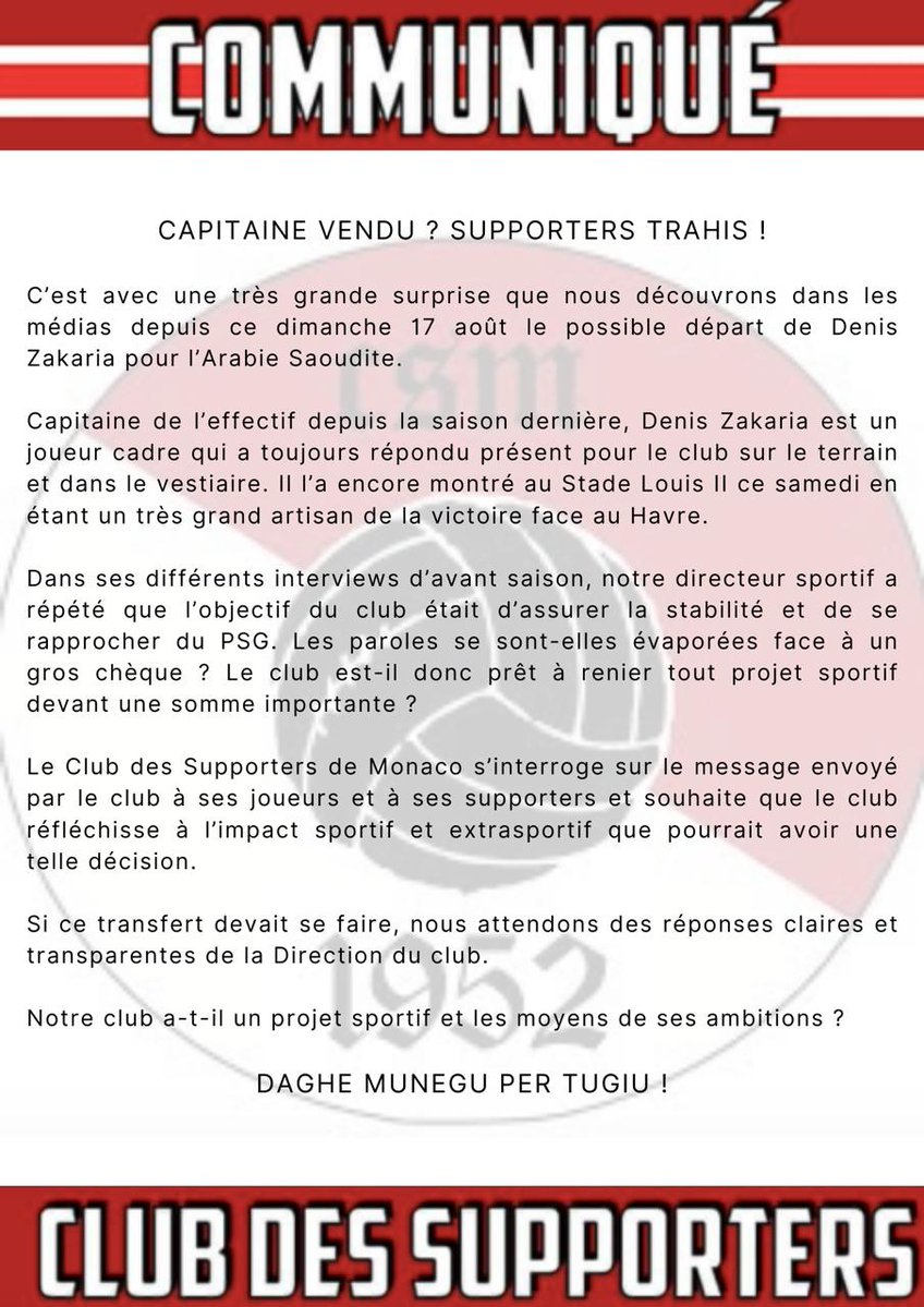 Club des Supporters de Monaco (@csmonaco) on Twitter photo Capitaine vendu ? Supporters trahis !
On attend un รฉclaircissement <a href="/AS_Monaco/">AS Monaco ๐ฒ๐จ</a> !!! Capitaine vendu ? Supporters trahis !
On attend un รฉclaircissement <a href="/AS_Monaco/">AS Monaco ๐ฒ๐จ</a> !!!