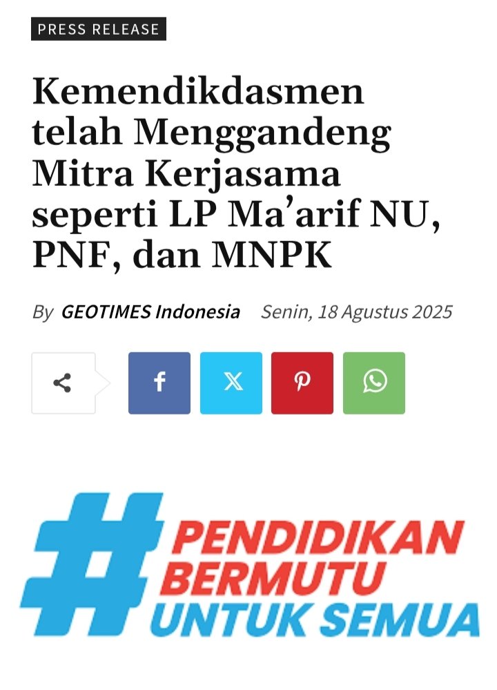 Sebagai wujud partisipasi semesta, bulan Juni 2025 lalu Kemendikdasmen telah menggandeng berbagai mitra kerjasama seperti Lembaga Pendidikan Ma’arif Nahdlatul Ulama; Pimpinan Pusat Himpunan Sekolah dan Madrasah – Islam Nusantara;
geotimes.id/event/press-re…