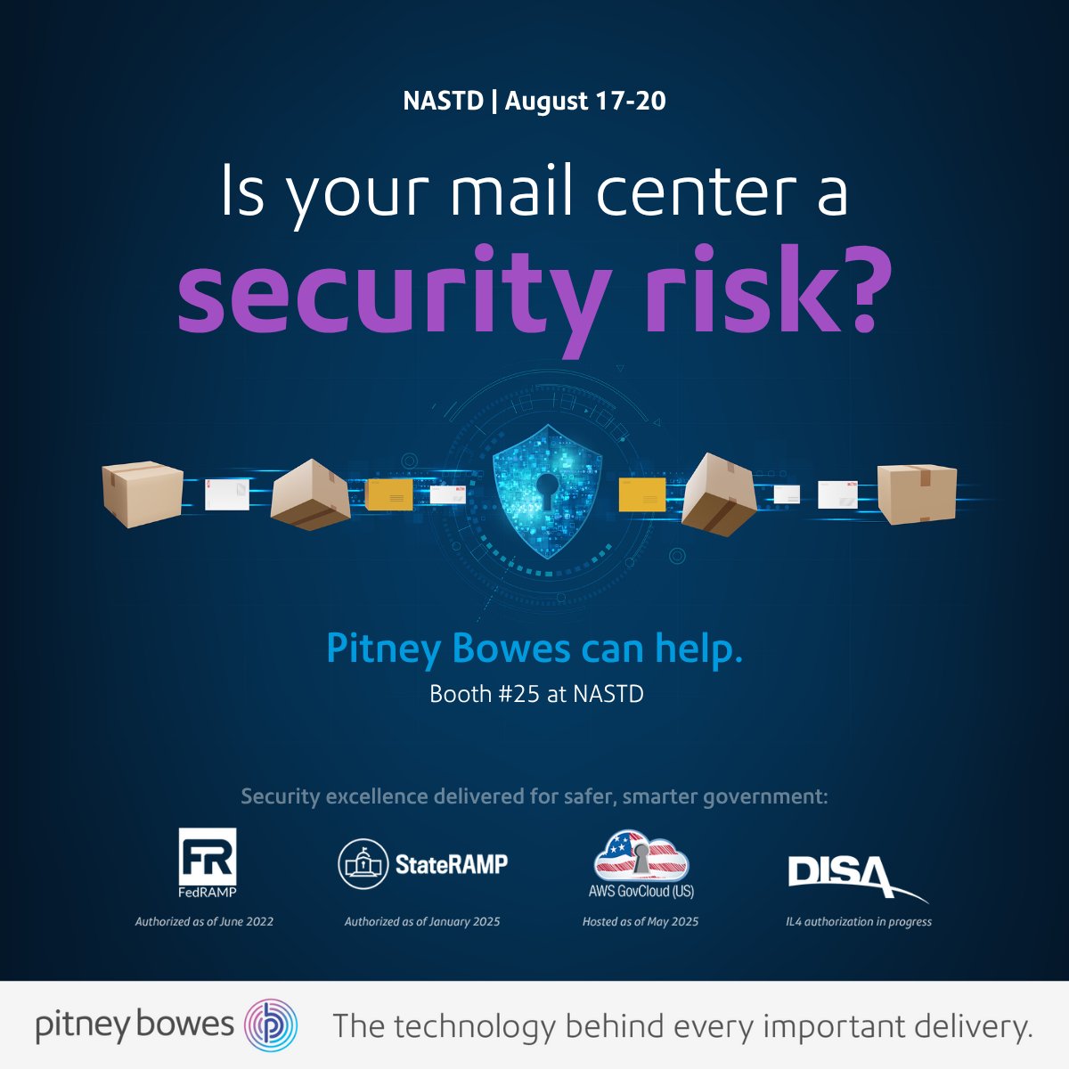PitneyBowes's tweet photo. Pitney Bowes delivers the most secure shipping, mailing, and receiving platform—trusted by Government agencies nationwide. Let’s talk at NATSD. https://t.co/aoTkbc7Hbz #NASTD2025 #GovSecurity #FedRAMP #StateRAMP #AWSGovCloud https://t.co/yGmwmSmP9o
