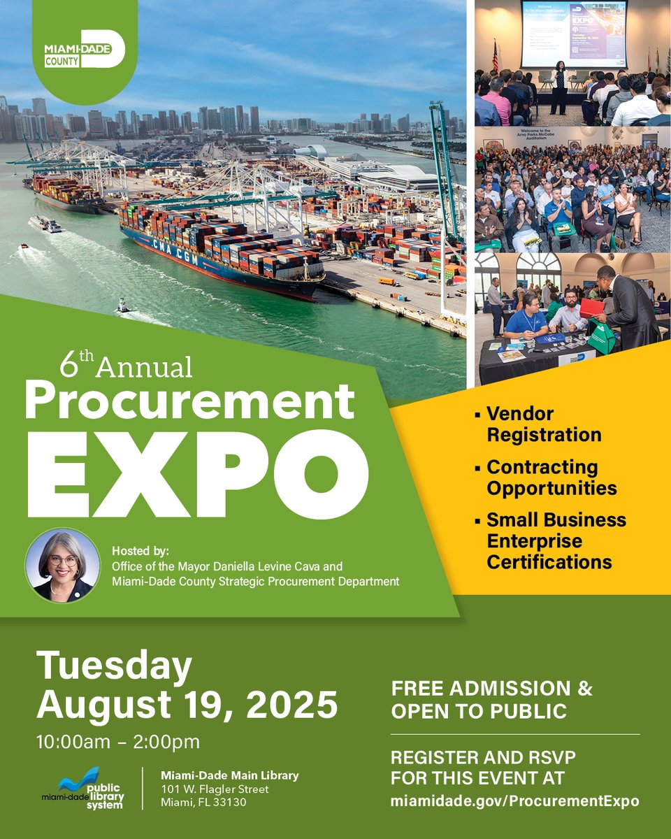 The <a href="/MiamiDadeCounty/">Miami-Dade County</a>'s 6th Annual Procurement Expo will take place tomorrow, Aug. 19 at 10 a.m., where businesses will learn more about how to get County contracts at the free event at Miami-Dade Main Library. For more information: miamidade.gov/ProcurementExpo #miamidade #OurCounty