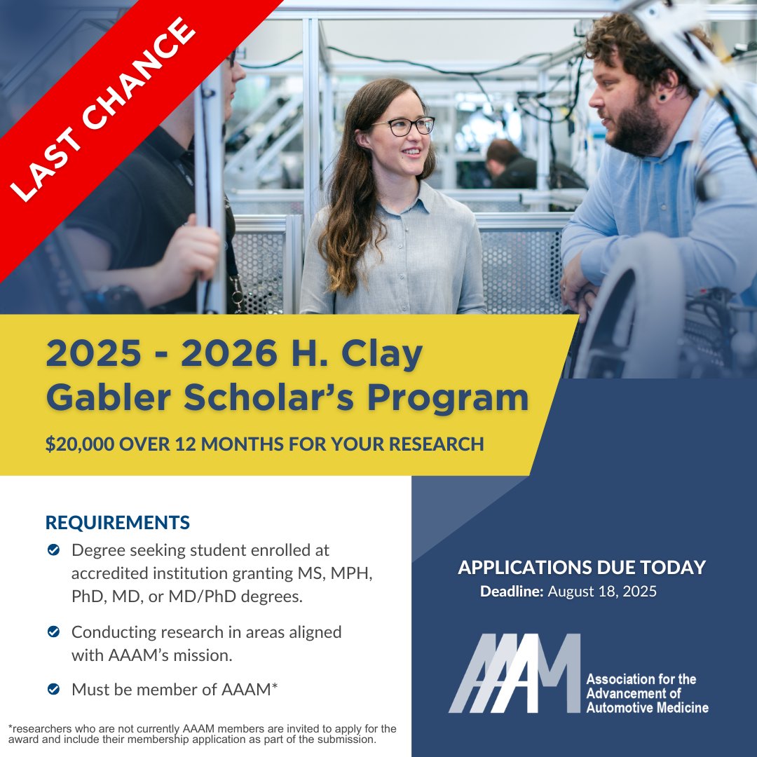 🚨Today is the last day to apply for the 2025-2026 H. Clay Gabler Scholar's Program, worth $20,000! 

⏰Applications are due tonight at 11:59 pm CT. Learn more &amp; submit your application now: heyor.ca/7EMGrH

#RoadSafety #Scholarship #ScholarsProgram #ResearchFunding