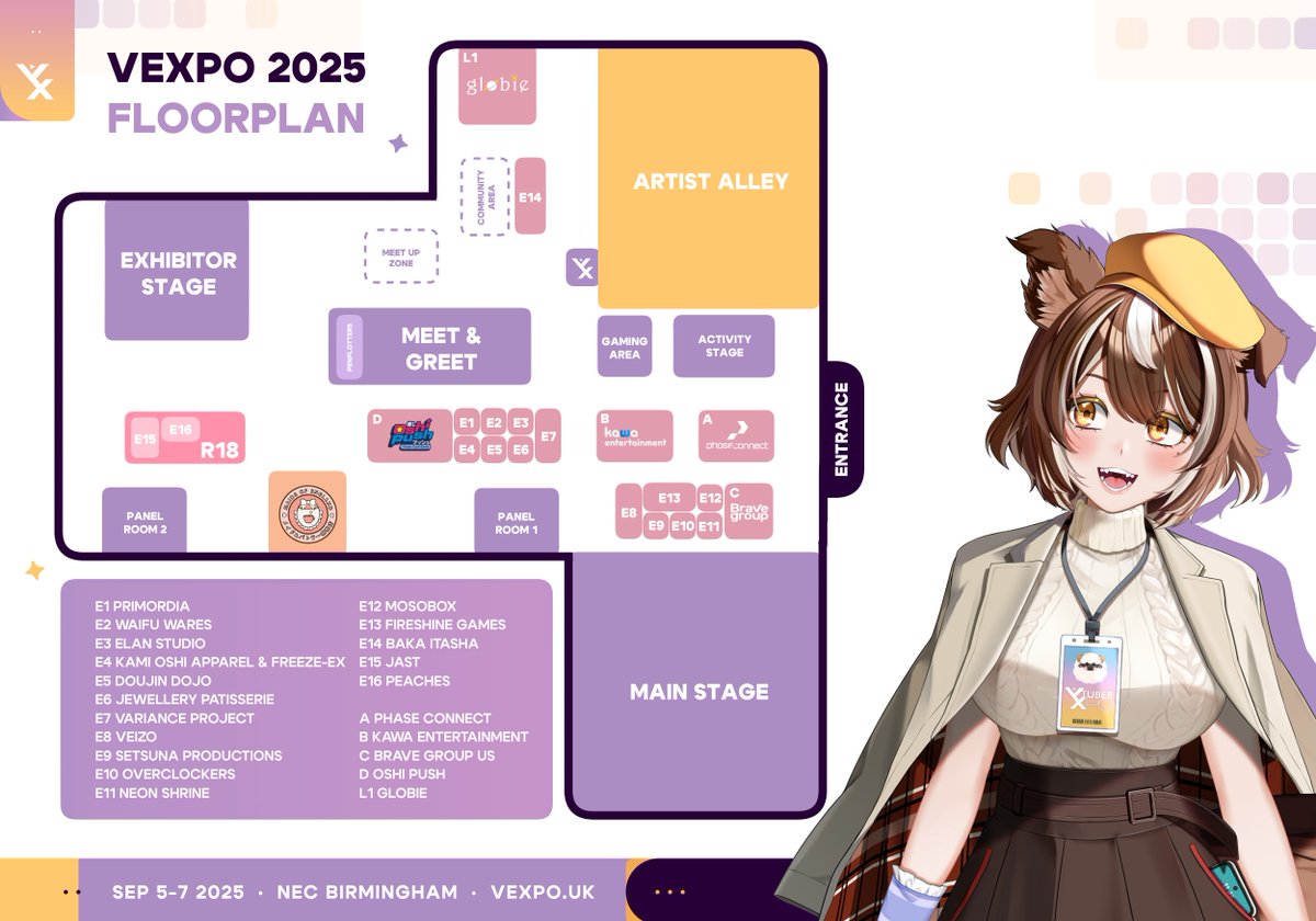 [Floorplan Announcement]

The info you have been waiting for is here. 🧡 

Come check out the graphic to find where Vendors, Artist Alley, Partner booths, Maid Cafe and more would be!

#VTuberExpo #VeXpo2025 #ArtistAlley #VTubers #MaidCafe #convention