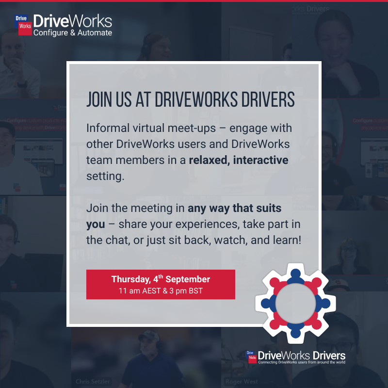 We will be hosting the next DriveWorks Drivers meeting on Thursday, September 4th at 11am AEST and 3pm BST. Find out what’s on the agenda at the next Drivers meeting and register to join us
➡️ ow.ly/mHXK50WHpLV

#DriveWorks #DesignAutomation #CPQ #3DProductConfigurator