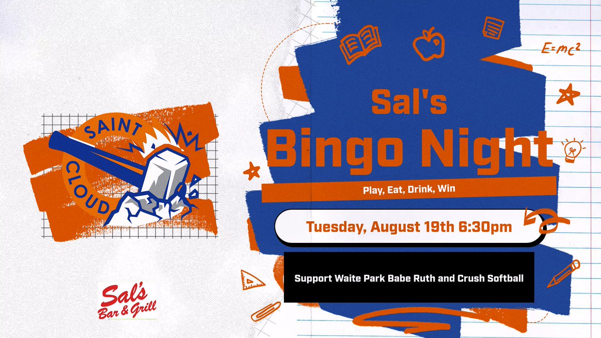 Join us for Sal's Bingo Night! Play, Eat, Drink, Win! 🎉 Support Waite Park Babe Ruth and Crush Softball. Tuesday, Aug 19th at 6:30pm! 🏆🍽️🥤 #WaiteParkBabeRuth #CrushSoftball