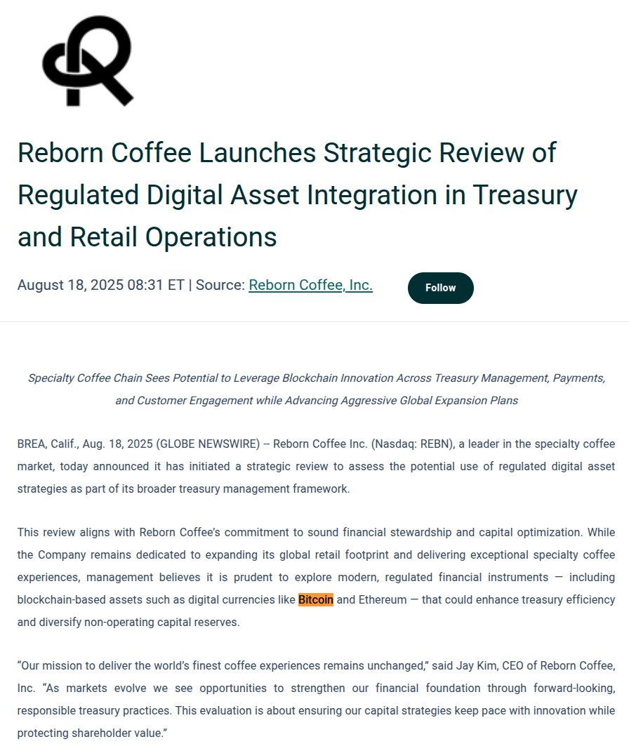 🇺🇸 Reborn Coffee is reviewing a digital asset treasury including  #bitcoin. 🇪🇸 Vanadi Coffee may soon lose its status as the only ☕coffee  company with a BTC treasury.