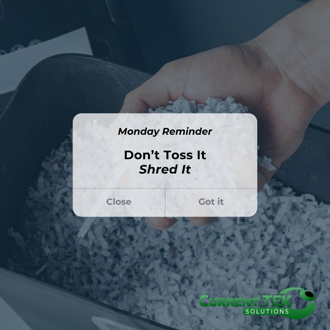currentTEK's tweet image. Still tossing documents in the trash? If they hold sensitive info—names, account numbers—you’re handing thieves a free pass.
✅ Tip: Shred it, don’t toss it.
Good cybersecurity starts offline.

#DocumentSecurity #CyberHygiene #CurrentTEKSolutions