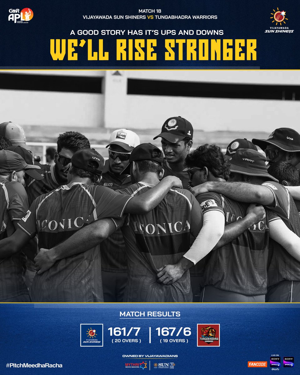 #TungabhadraWarriors chased down the target.

We've slipped in this one. We shall come back stronger.

<a href="/vjasunshiners/">Vijayawada Sun Shiners</a> <a href="/MythriOfficial/">Mythri Movie Makers</a> @andhrat20league #SunInternationalInstitute
#APL2025