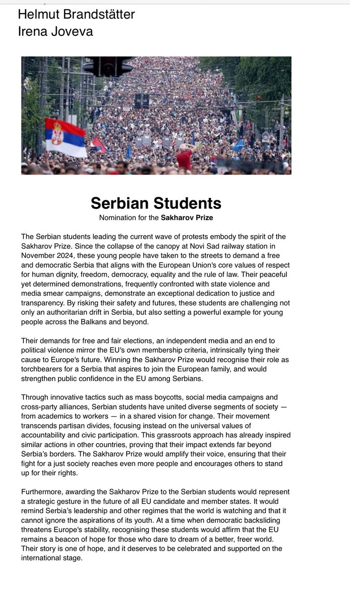 Irena Joveva (@ijoveva) on Twitter photo With my colleague <a href="/HBrandstaetter/">Helmut Brandstätter MdEP</a> we have proposed to nominate Serbian protesters for the #SakharovPrize! We strongly condemn the brutal violence against protestors and urge <a href="/EU_Commission/">European Commission</a> and Member States to act for rule of law, media freedom, and peaceful assembly in #Serbia. With my colleague <a href="/HBrandstaetter/">Helmut Brandstätter MdEP</a> we have proposed to nominate Serbian protesters for the #SakharovPrize! We strongly condemn the brutal violence against protestors and urge <a href="/EU_Commission/">European Commission</a> and Member States to act for rule of law, media freedom, and peaceful assembly in #Serbia.