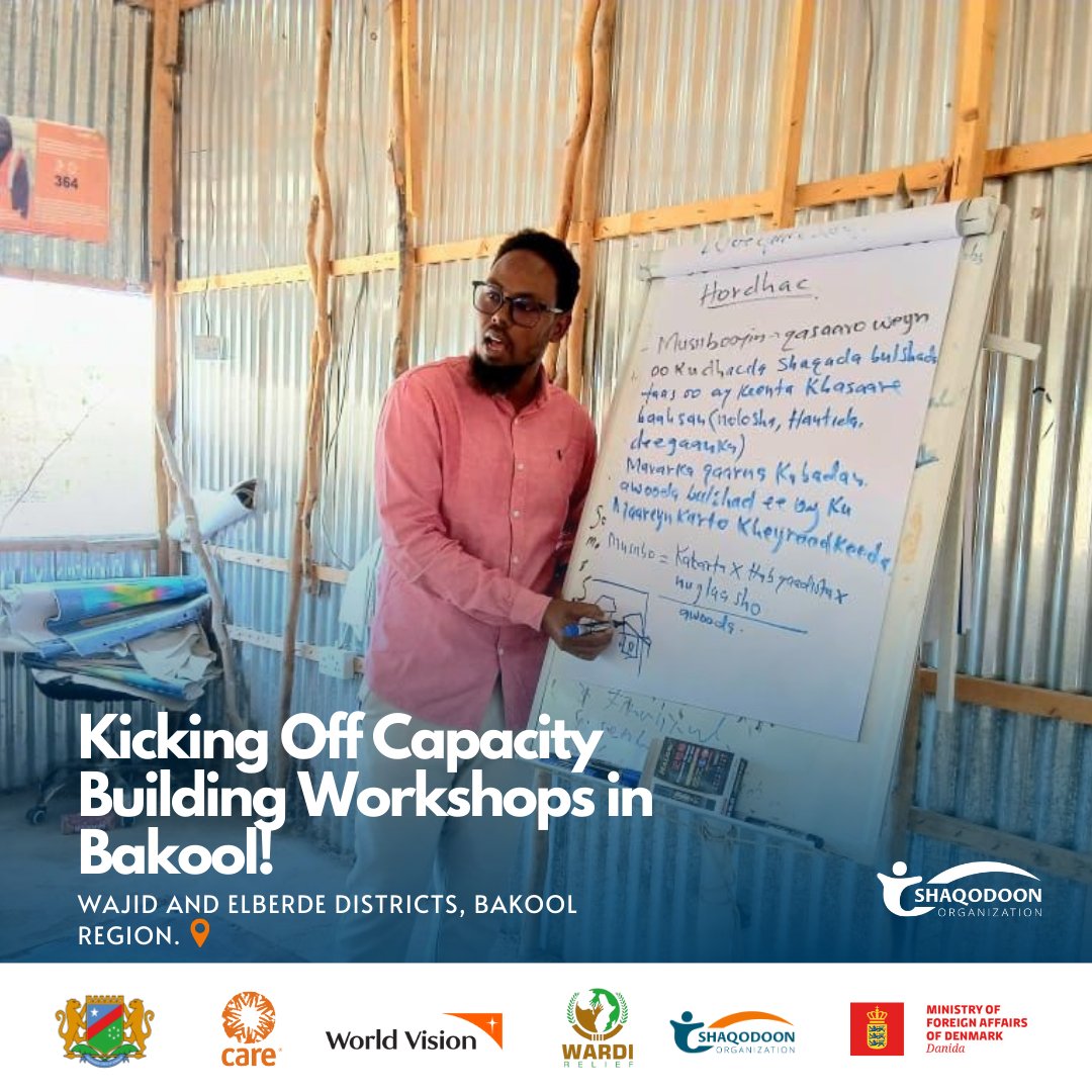 Shaqodoonorg's tweet photo. ๐จ Weโve kicked off Capacity Building Workshops in Wajid & Elberde (Bakool) under the #AARTProject!
Community groups, local authorities & DRM actors are coming together to strengthen preparedness, coordination & local resilience.
๐ท#Somalia @DKinSomalia @WVSomalia @CARE https://t.co/dcew0xC8yJ