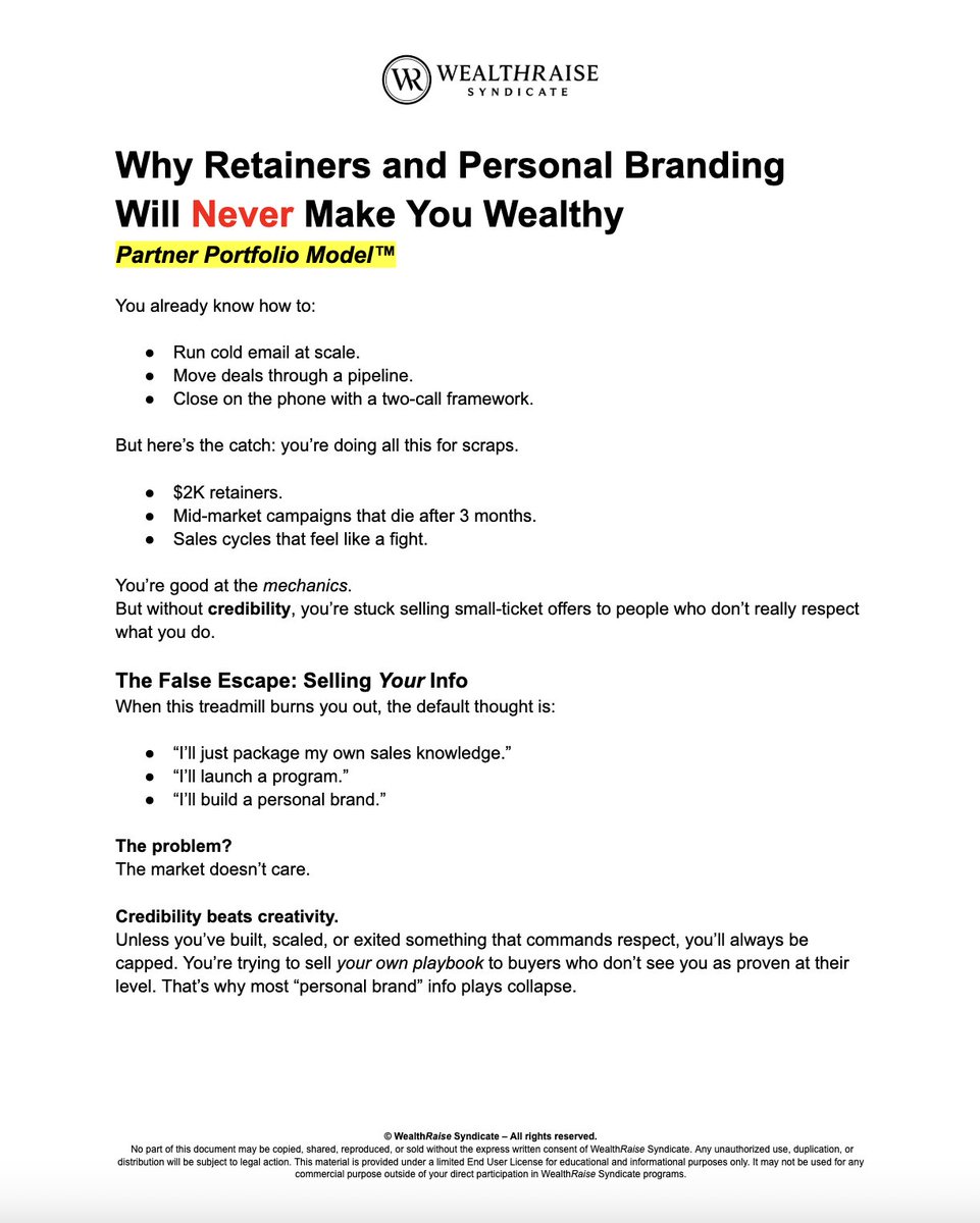 We've used the Partner Portfolio Model™ since 2018.

We've closed 7 figures in engagement + backend fees.

Step by step guide: How to use Cold Email &amp; LinkedIn to create and scale a 1 of 1 offer with an expert.

If you Like + RT and Comment "PPM" 

I'll sneak you the 25+ Page