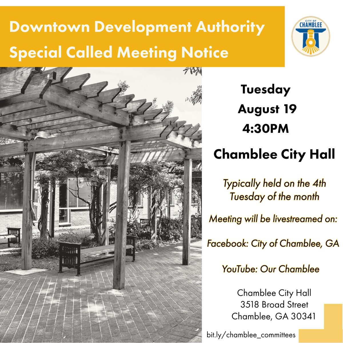 The Downtown Development Authority will meet for a Special Called Meeting on Tuesday, August 19 at 4:30 p.m. at Chamblee City Hall.