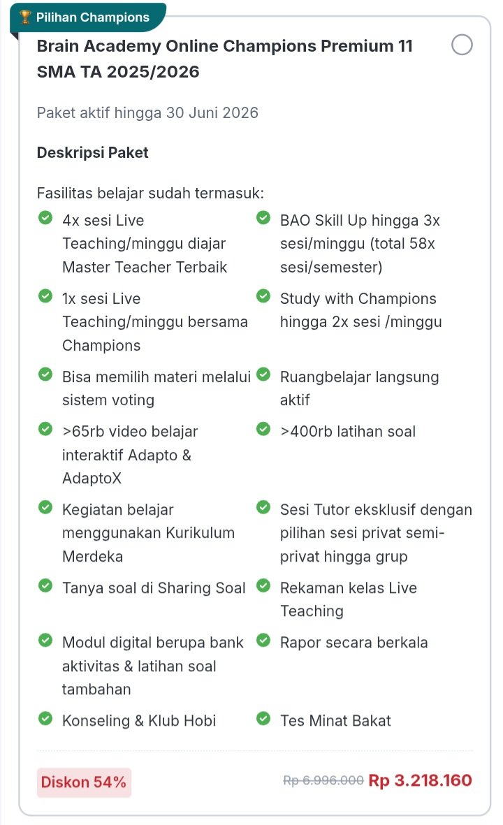 hifyus's tweet photo. Buat temen2 kelas 10 dan 11 yg lagi cari bimbel online, boleh coba paket ini yaa guyss.
Bisa skill up juga lohh.. Gass yg mau penasaran bisa dm or wa aku yaa 😁

#ruangguru #bimbel #brainacademy #ruangbelajar #snbp #studytwt #studyacc #ClashofChampions2 #kemerdekaan https://t.co/d64krhAzyp