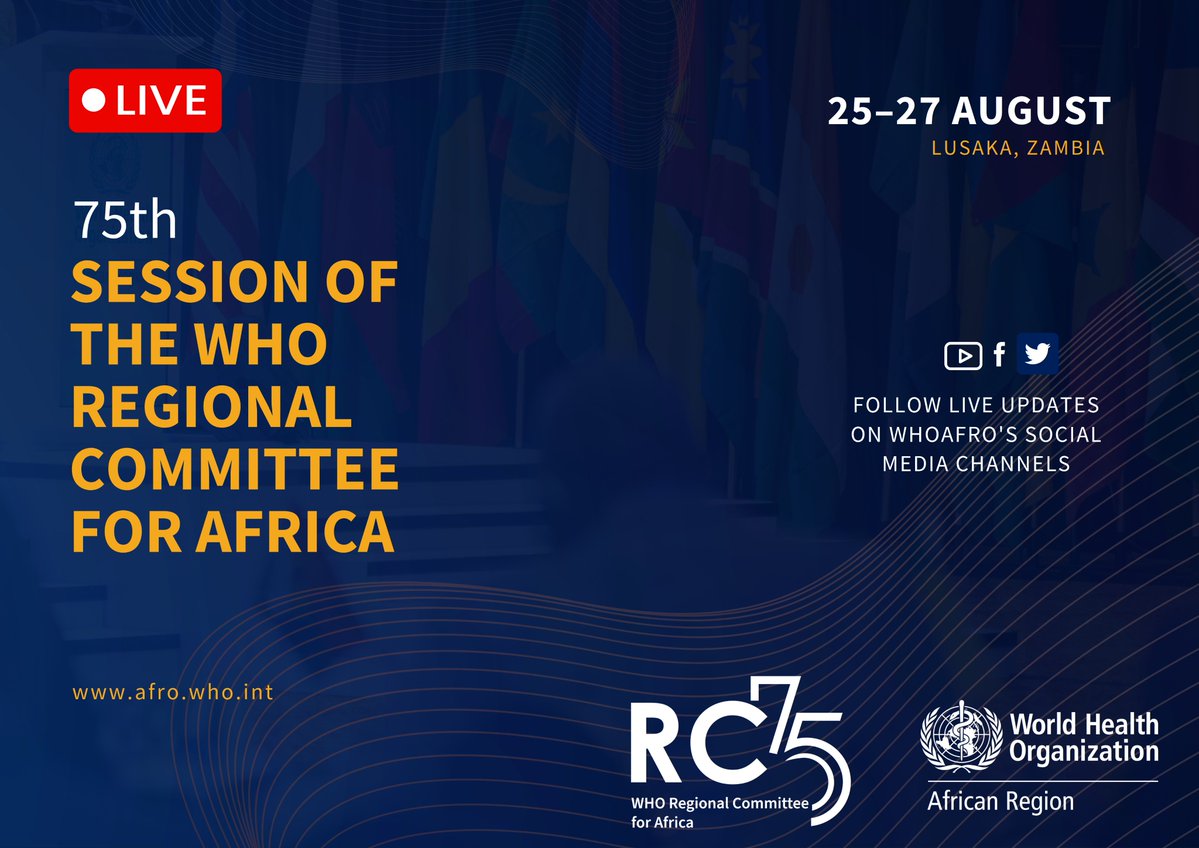 WHO African Region (@whoafro) on Twitter photo 📍 Lusaka is ready!
From 25–27 August 2025, African health ministers will gather in Zambia 🇿🇲 for the <a href="/WHOAFRO/">WHO African Region</a> Regional Committee for Africa to deliberate & endorse resolutions to secure the health of the people of Africa.
On the agenda: health financing, universal coverage, 📍 Lusaka is ready!
From 25–27 August 2025, African health ministers will gather in Zambia 🇿🇲 for the <a href="/WHOAFRO/">WHO African Region</a> Regional Committee for Africa to deliberate & endorse resolutions to secure the health of the people of Africa.
On the agenda: health financing, universal coverage,