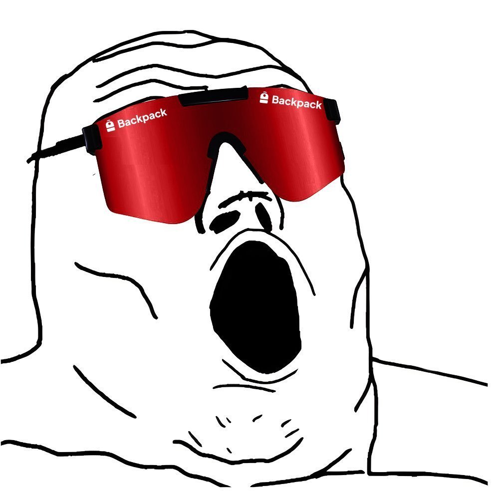 Excited meme character wearing Backpack-branded sunglasses