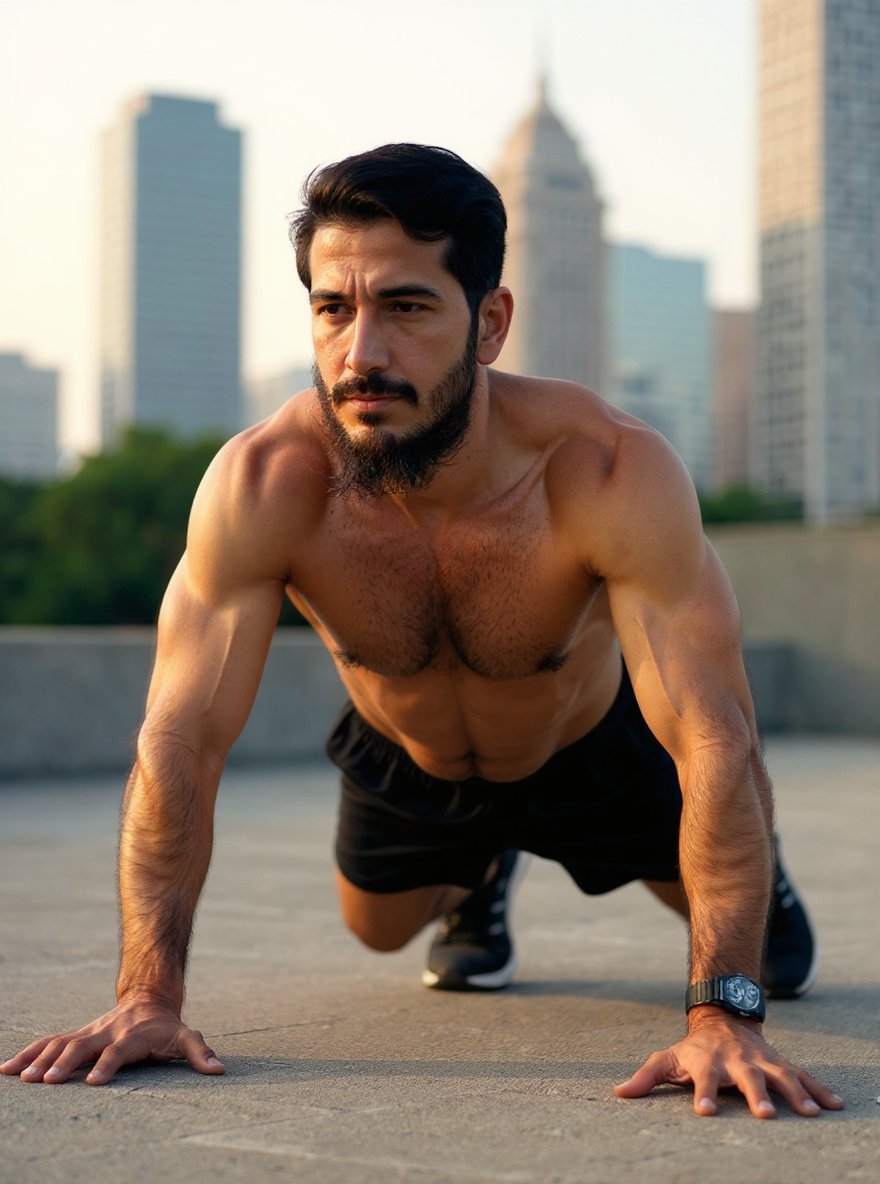 Promptopia4's tweet image. Man doing push-ups on a rooftop in early morning light, skyline blurred behind, wearing gym shorts and sports shoes, sweat visible, gritty determination, natural textures, 4K realism, no face change.
#Supernova #LCDLFMX3 #riyadh #LaCasaDeLosFamososMexico