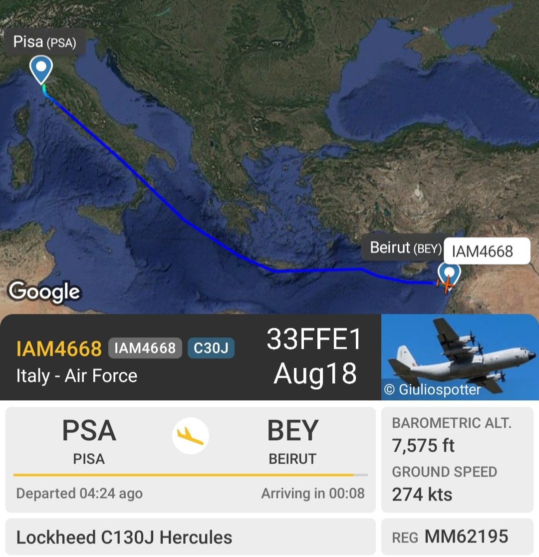 LebanonJets's tweet photo. #Italy AirForce C130 #MM62195 from Pisa into Beirut as #IAM4668 hex #33FFE1 fly in every week or two into Lebanon for over 1,000 Italian troops in #UNIFIL https://t.co/wbq4yg4z0M