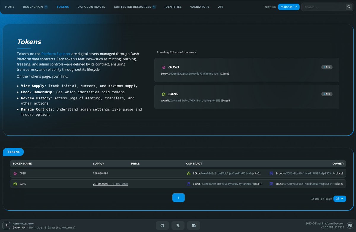 AlexeyTripleA's tweet image. The Tokens section is now available on the Platform Explorer! 🎉

mainnet: platform-explorer.com/tokens
testnet: testnet.platform-explorer.com/tokens

#Dash #DashPlatform  #Tokens #PlatformExplorer #Blockchain #PshenmicDev