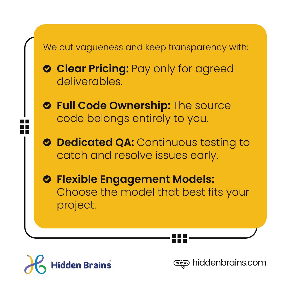 HiddenBrains's tweet image. Hidden Brains delivers end-to-end development with integrity, transparency, and accountability. Whether outsourcing or hiring, we always focus on the right solutions.

#HiddenBrains #EndtoEndDevelopment #TransparentPricing