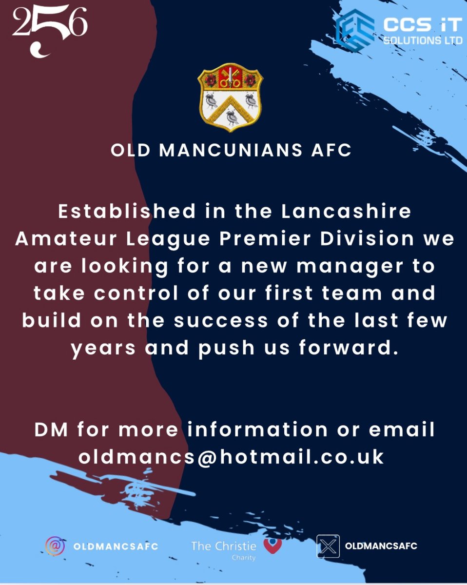 We remain on the lookout for a new 1st team manager to take over our LAL Prem Squad.

Excellent leadership and communication skills

Available for Saturday afternoon matchdays and Wednesday evening training

<a href="/lancsamleague/">Lancashire Amateur League</a> <a href="/LancashireFA/">Lancashire FA</a> <a href="/Manchester_FA/">Manchester Football Association</a> <a href="/THEMCRFL/">Manchester League Ltd</a> 

#COYM