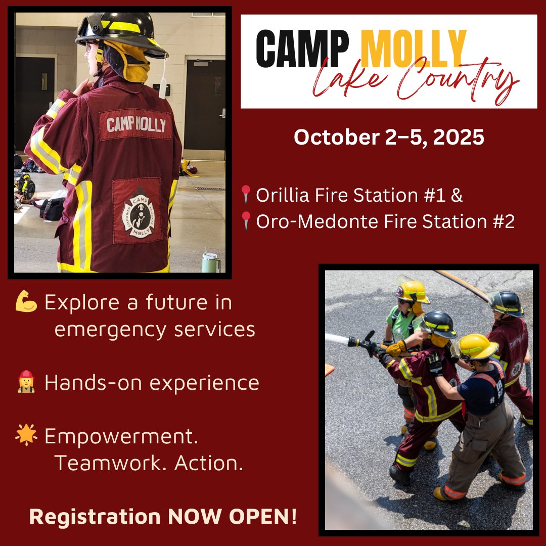 Camp Molly Lake Country is now open for registration. A free 4 day camp empowering young women through hands on fire service experience.

Click the link below to register or for more information! 
👇
bit.ly/4mOjEwN