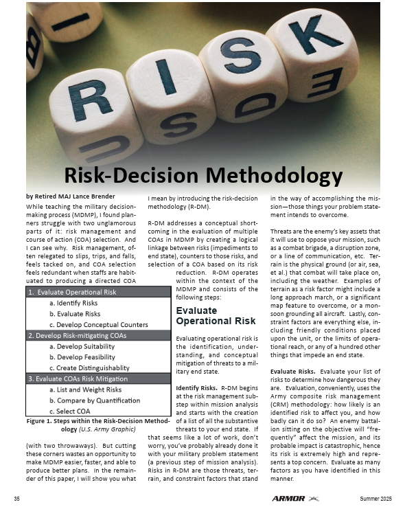 danieljwagner84's tweet photo. This is a phenomenal article  by Lance Brender about how to conduct MDMP using risk as the focal point for developing COAs. I believe this would help focus the staff time and efforts- would absolutely use this methodology in the future.  https://t.co/cgLW3zX3QH https://t.co/2UgfAEw5pB