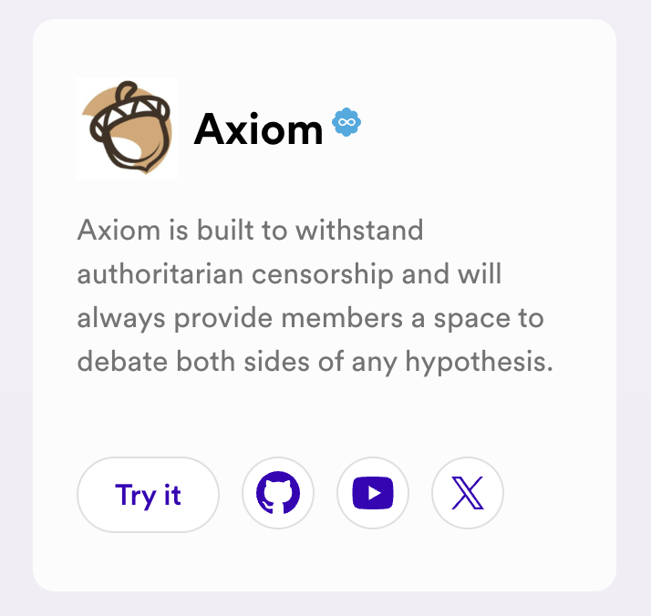 <a href="/dfinity/">DFINITY</a> Thank you for including Axiom, the free thought network in your list of awesome projects built on the World Computer #ICP -&gt; internetcomputer.org/ecosystem?tag=…