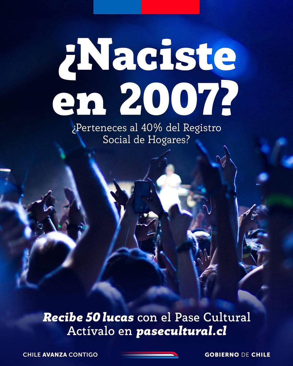 Si naciste en 2007, te invitamos a activar tu #PaseCultural 

Si perteneces al 40% del Registro Social de Hogares, puedes acceder al beneficio de $50.000 para gastar en bienes y servicios culturales.

Descubre más y activa el tuyo en pasecultural.cl