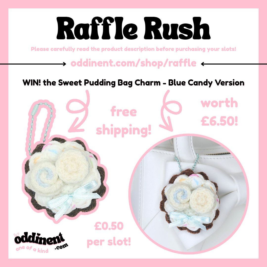 oddinent's tweet image. welcome to Raffle Rush - you can enter at: oddinent.com/shop/raffle 🎟

crocheted sweet pudding bag charm 🍮🎀

trialing something new this month in the name of stepping out of my comfort zone, &amp;amp; learning that the 'error' in 'trial and error' doesn't have to be scary 🤍