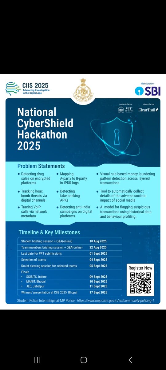 mandira9051's tweet image. 👨🏻‍💻Hey connections 👋 There&apos;s an enormous opportunity coming up for all the #BlockchainDevelopers and #AiMl developers from MP POLICE. National Cybershield Hackathon 2025 is out now!!!
👩🏻‍💻Team &quot;The Security Samurais&quot; needs two people from Blockchain and AiMl domains. INTERESTED DM!