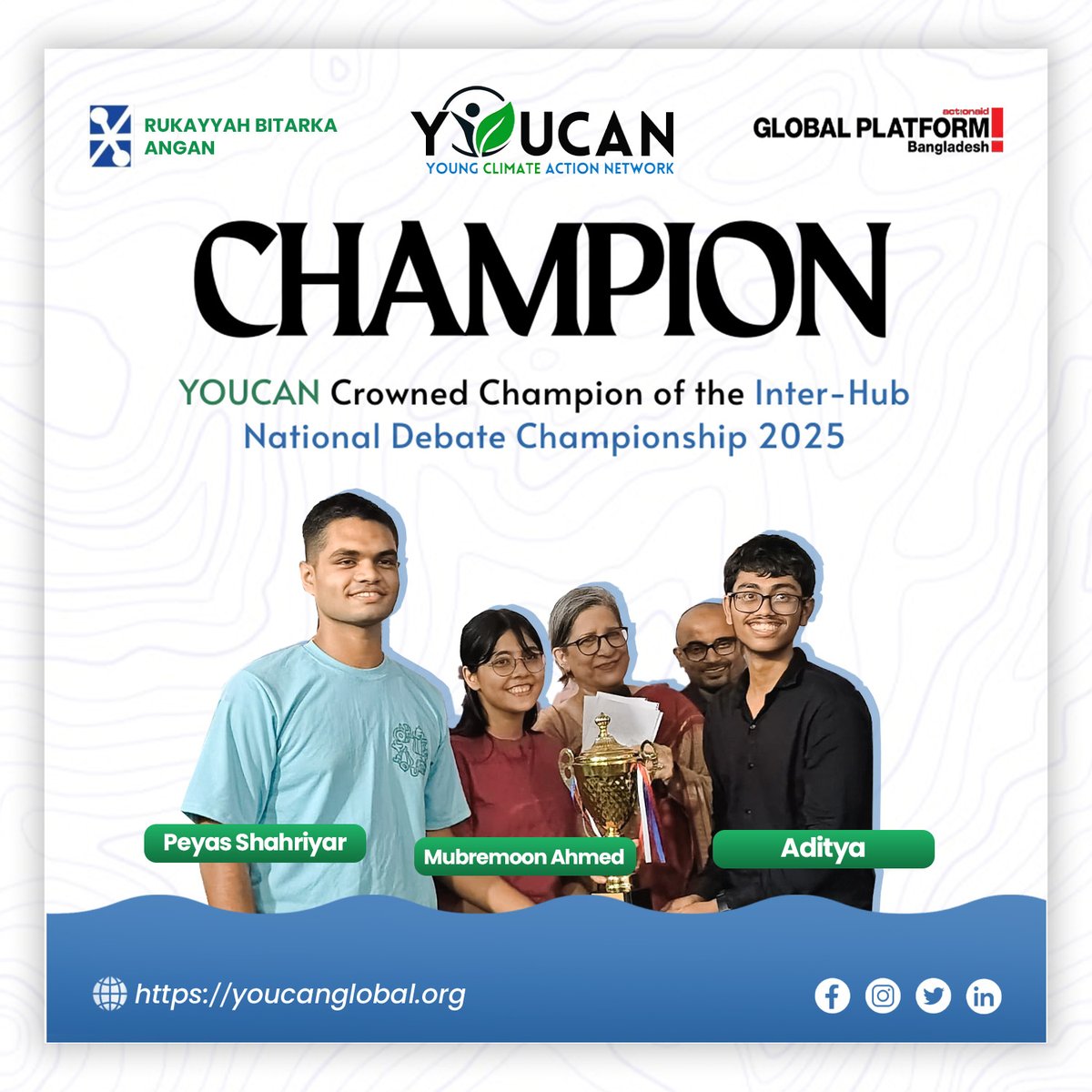 🏆 Victory! YOUCAN is the Champion of the Inter-Hub National Debate Championship 2025 🎉

Big cheers to Peyas, Mubreemoon &amp; Aditya for bringing the title home! 💚

Grateful to <a href="/PlatformsGlobal/">Global Platforms</a> <a href="/AABangladesh/">ActionAid Bangladesh</a> &amp; Rokeya Bitorko Ongon for this platform. 🌍✊

#YOUCAN #DebateChampions