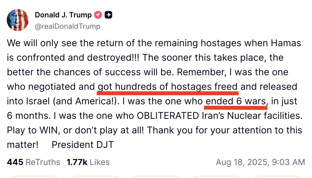 BREAKING FACT CHECK:  Trump lies again taking credit for Hamas Hostage Release under Biden:

1) He did NOT get "Hundreds of hostages released).
148 hostages have been returned alive through:
- A 2023 ceasefire deal (110 Under Biden)
- Israeli military rescues (8)
- 2025 ceasefire