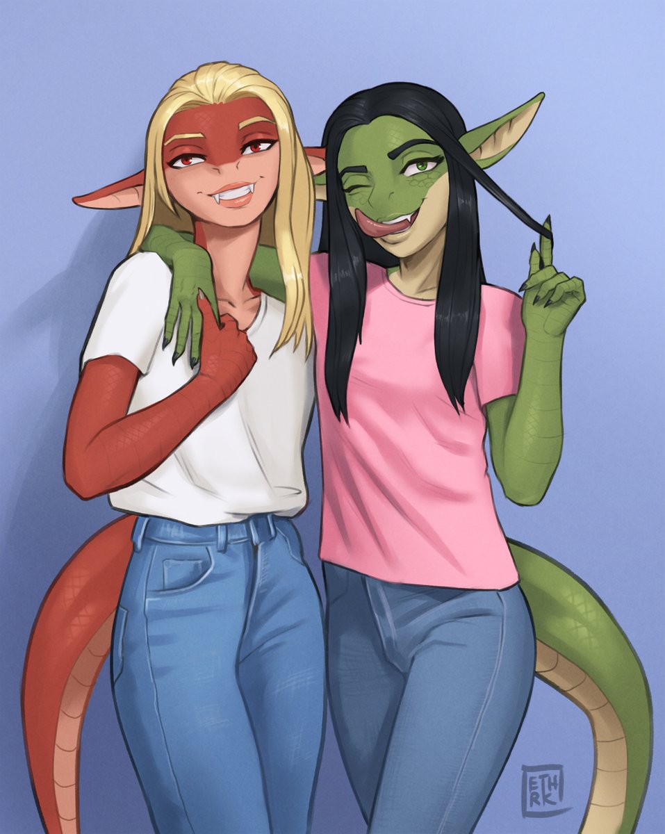 Another half anthro lizard girls, this time together and with more clothes on.